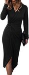 SHIBEVER Women Casual Dresses V Neck Long Sleeve Twist Front Waist Ribbed Knit Bodycon Slit Dress Cocktail Party Midi Dress, 4186-black, X-Large