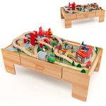 Maxmass Wooden Train Tack Set, 2-in-1 Kids Train Play Table with 100 PCS Toy Set, Reversible Tabletop and Storage Drawer, Children Railway Playset for 3+ Years Old Boys Girls