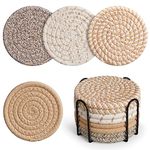 Geichan Drink Coasters with Holder, 4 Colors Absorbent Coasters, Cotton Woven Coasters Set of 8 for Table Protection, Home Decor, Glasses, Cups, Bar, Housewarming Gift