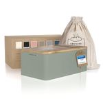 LARS NYSØM Bread Box I Metal bread box with linen bread bag for long lasting freshness I Bread box with bamboo lid usable as cutting board I 13.4x7.3x5.3In (Sage Green)