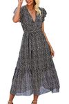 YACUN Women Summer Bohemian Wrap Floral Dress V Neck Ruffle Cap Sleeve A-Line Pleated Midi Dresses with Belt Black M