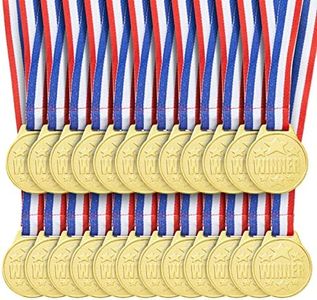 Juvale 24 Pack Gold Winner Medals for Kids and Adults - Participation Awards with 15.3-Inch Red, White, and Blue Neck Ribbons for Sports, Tournaments, Competitions (Metal, 1.5 in)