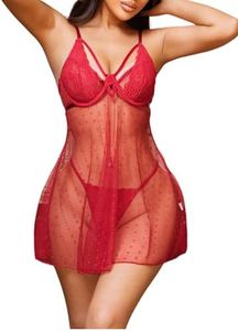 MIYALOVE Sexy Women’s Lingerie Lace Babydoll & Thong Set, Sheer V Neck Underwire Sleepwear, Plus Size S-4XL (Red, Small)