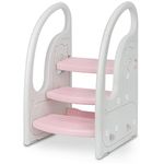 Onasti Step Stool for Kids, 3-Step Height Adjustable Toddler Step Stool, Plastic Learning Tower, Kitchen Helper, Toilet Steps with Handles and Non-Slip Pads, for Counter, Bathroom & Sink (Pink)