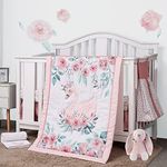 Pink Crib Sets for Baby Girls, Swan Crib Bedding Set by Sweet Baba, 5 PC Nursery Crib Set Includes Quilt/Fitted Sheet/Crib Skirt/Diaper Stacker/Blanket(Flower Theme)