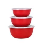 Fableart Microwave Safe Stainless Steel Kitchen Food Storage Containers, Mixing Bowl Set With Airtight Plastic Lids, Set Of 3 Pcs (500, 750, 1250 ML) (Red , Solid)