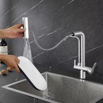 KINKIBOS Chrome 3 Way Filter Mixer Tap for Kitchen Sink, Triflow Filter Tap with 4 Modes Pull-Out Sprayer, 360° Rotatable Drinking Water Kitchen Tap with Dual Lever, Brass Body