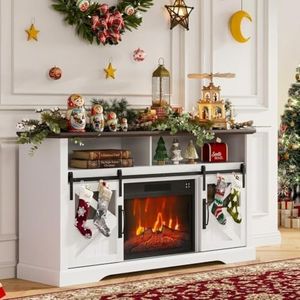 Garvee Electric Fireplace TV Stand for Tvs Up to 65+ Inch, 23" Farmhouse Entertainment Center, Large Storage TV Console with Sliding Barn Door & Adjustable Shelf, Rustic Media Cabinet for Living Room