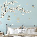 decalmile Cherry Blossom Wall Stickers White Flower Tree Branch Birds Wall Decals Bedroom Living Room TV Wall Art Home Decor