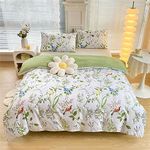 Koudi Botanical Duvet Cover Full Green White Floral Leaves Reversible Bedding Set with Plant Branch Soft Microfiber Comforter Cover with Zipper Ties