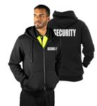 RYNO GEAR Men's Security Guard Silkscreen Front & Back Black Full Zip Hoodie, Fleece Hoodie., Black/White Id, Large