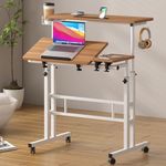 SogesHome 31.5 inch Mobile Standing Desk Adjustable Computer Desk Rolling Laptop Cart Portable Laptop Stand on Wheels Home Office Workstation with Cup Holder,Headphone Holder (Oak,Upgraded)