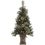 HOMCOM 1.2m/4ft Artificial Christmas Tree with 100 Warm White LED Lights and 8 Modes, Small Xmas Tree with Red Berries, Pine Cones and Retro Base, Green