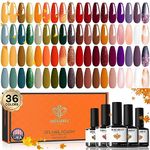 Modelones Gel Nail Polish Set, 36 Pcs Autumn Orange Gel Polish Set Soak Off Brown Red Gold Glitter Nail Gel Nail Art Starter Kit Nail Salon Kit Manicure Set Home DIY for Women