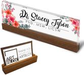 Artblox Personalized Office Desk Name Plate and Business Card Holder | Clear Acrylic Glass with Teak Wood Stand | Mixed Flowers Design Customized with Your Name and Credentials Office Desk Decor