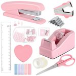 Office Supplies Set, Pink Stapler and Tape Dispenser Set with Staple Remover, Stapler and Staples Set with 1000 Staples, Clips, Tape, Scissor and Tabs, Desk Accessories for Student