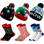 6 Pcs Christmas LED Hat and Christmas Socks Set Includes 3 Pcs Light up Christmas Beanie Winter Hat with 3 Pairs Novelty Crew Socks for Men Women Teens Xmas Gifts