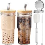 CJWLKJ 2 Pcs Glass Cups Set, 24 Oz Reusable Boba Cup with Bamboo Lids and Straws & 2 Airtight Lids, Wide Mouth Mason Jar Drinking Glasses Iced Coffee Cup Glass Tumbler Bottle for Bubble Tea,Juice,Gift