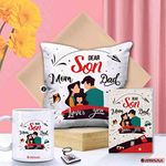 Jhingalala Dear Son Mom Dad Loves You Printed Satin Cushion with Filler, Coffee Mug, Key Chain, Greeting Card Combo of 5 Pieces (White)