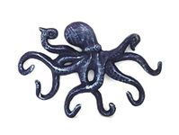 Hampton Nautical Rustic Octopus Hook 11" Decoration-Antique Vintage Cast Iron, Solid Dark Blue