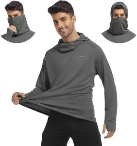 FUWODE Mens Long Sleeve Sun Shirt with Hood SPF UV Protection Clothing for Hiking Fishing Running Rush Guard Dri Fit