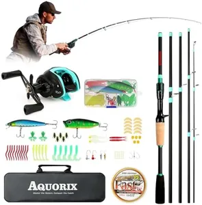 Fishing Rod Reel Combo, Baitcasting Rod and Left-Handed Reel, 5-Piece 6'11" Carbon & Fiberglass Rod, Stainless Steel Guides, Casting Combo for Bass & Saltwater Fishing, Includes Line, Lures, Bag