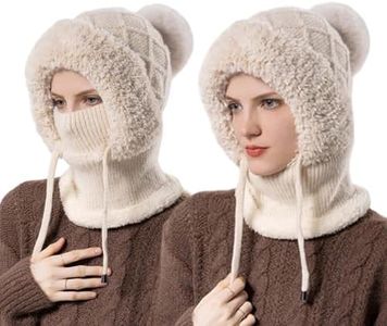 3 in 1 Beanie Hat for Women, 3 in 1 Beanie Hat with Scarf and Mask, Warm Knitted Windproof for Outdoor Skiing Hiking (Beige 1Pcs)