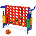 Costzon Giant 4-in-A-Row, Jumbo 4-to-Score Giant Game w/Basketball Hoop, Ring Toss, Quick-Release Slider, 42 Jumbo Rings, Indoor Outdoor Family Connect Game for Kids & Adults, Backyard Games, Blue