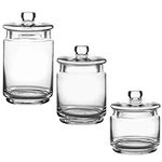 WHOLE HOUSEWARES Glass Apothecary Jars with Lids - Set of 3 for Bathroom Storage, Qtip & Cotton Swab Holder - Perfect for Laundry Room & Makeup Desk Organization, Clear Glass Container Set