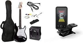 RockJam Full Size Electric Guitar Kit with 10-Watt Guitar Amp, Lessons, Strap, Gig Bag, Picks, Whammy, Lead and Spare Strings - Black & D'Addario Guitar Tuner - Eclipse Headstock Tuner - Black