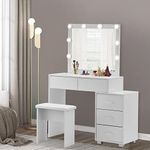 LEMROE Dressing Table with Led Lights and Mirror, Vanity Makeup Table Set with 5 Drawers and Adjustable Brightness, Hollywood Cosmetic Table for Women Modern Bedroom