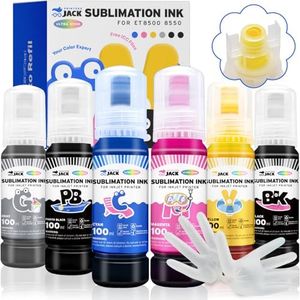 Printers Jack 600ML Sublimation Ink for ET-8500 ET-8550 Wide-Format Supertank Printers Heat Press Transfer on T-Shirt Tumblers (6x100ML, BK PB C M Y GY) Bigger Bottles to Fill The Tanks(Autofill)