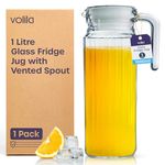 Fridge Jug 1L Glass Water Jug with Lid (1 Pack) - Clear Water Pitcher with Ribbed Glass Jug Design & Handle for Fridge Shelf & Everyday Use with Vented Spout - Juices, Pimms & Picnics