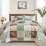 Flysheep Patchwork Quilt Set California King Size,3 Pieces Green Floral Plaid Summer Bedspread Coverlet Set,Soft Microfiber Lightweight Bed Cover for All Season (102''x114'',1 Quilt+ 2 Pillow Shams)