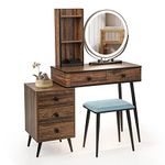 RELAX4LIFE Dressing Table and Stool Set, Vanity Desk Set with 5 Drawers, Storage Shelves, 3-Color LED Lights & Charging Function, Makeup Dresser Desk Bedroom Furniture (Brown, Round Mirror)