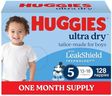 Huggies Ultra Dry Nappies Boys Size 5 (13-18kg) 128 Count - One Month Supply (Packaging May Vary)