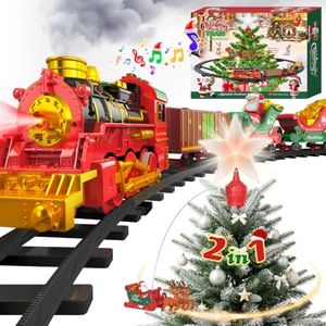 Hanging Christmas Train Set with Tree Topper Star, Toy Train Set Around Under the Christmas Tree, Christmas Toys Gift with Light/Smoke/Sound/Music, Santa Claus Christmas Tree Train Set for Kid 3-5 4-8