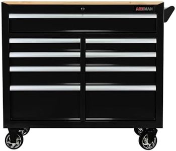 Living Source International 9-Drawer Rolling Tool Cabinet with Wooden Top, 45W x 18D x 39H inches, 480kg Load Capacity, Black Steel