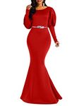 Memoriesea Women's Elegant Long Puff Sleeve Crew Neck Bodycon Mermaid Evening Gown Maxi Dress, Red, X-Large