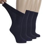 HUGH UGOLI Women's Cotton Diabetic Crew Socks, Wide, Thin, Loose Fit and Stretchy, Seamless Toe & Non-Binding Top, 4 Pairs, Navy Blue, Shoe Size: 9-12