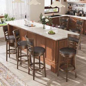 ALPHA HOME Swivel Bar Stools with Backs, 30 Inch Bar Stools Set of 6, Wooden Bar Stools, 360 Degrees Swivel Chairs with Upholstered, Wrap-Around Footrest for Pub, Kitchen, Jacobean/Fondant
