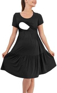 PARNIXS Women's Summer Nursing Dress Short Sleeve Maternity Knee Length Dress Patchwork Pregnancy Clothes, Black, Large