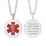 VNOX Stainless Steel Octagonal Tag Medical Alert ID Pendant Necklace,Free Engraving