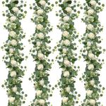 TOCHGREEN 4Pcs(26 Ft) Artificial Eucalyptus Flower Garland with White Rose Flowers,Faux Rose Vine Gypsophila Garland,Floral Garland Greenery Garland for Party Wedding Table Decor (White, 4PCS)