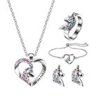 Girls Jewellery, Magic Crystal Necklace 4-Piece Set, Necklace Bracelet ear pendants And Ring Set, Little Girl Toy Gift Box, Suitable for Girls As Birthday Gifts (Silvery)