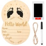 Wooden Baby Announcement Sign 5.9 Inch Round Birth Announcement Sign for Hospital Hello World Newborn Sign with Marker Pen and Ink Pad for Baby Hand and Footprints for Photo Prop Baby Shower Keepsakes