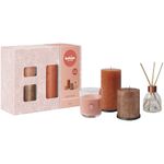 Bolsius Rustic Pillar Candles with Reed Diffuser and Scented Candle - Gift Set of 4 - Juicy Bliss - Peach - Decorative Household Candles - Long Burning Time - Includes Natural Vegan Wax