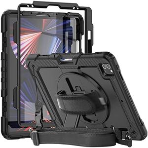 iPad Pro 12.9 Case 2022/2021/2020 with Screen Protector Pencil Holder | Herize iPad Pro 12.9 inch 6th/5th/4th Generation Case | Full Body Shockproof Rugged Protective Rubber Case W/Stand Strap | Black