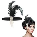 WLLHYF 1920s Flapper Headband, Feather Headwear Headpiece Black Head Wear 1920s Fashion Bling Rhinestone Hair Accessories for Women Girls Gatsby Themes Costume Prom Party Decoration (White Beads)