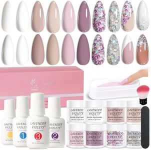 Lavender Violets Dip Powder Nail Kit for Beginners French Nail Kit– Clear,Nude, Pink,Diamond, Sliver Glitter Colors Nail Powder + Primer, Base/Top Coat, Activator, Tray, No UV Lamp Needed 09